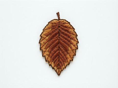 Dried brown birch leaf with detailed vein texture and stem on white