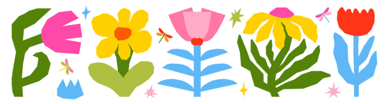 Colorful paper cut flower collection with handmade tulip inspired shapes for scrapbooking, collage, journaling, cards, stationery, crafts and botanical projects.