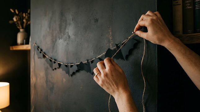 A person pins a black paper bat garland onto a dark textured wall for holiday decoration with Hands attach decorative string paper bats wall using push pin seasonal celebration
