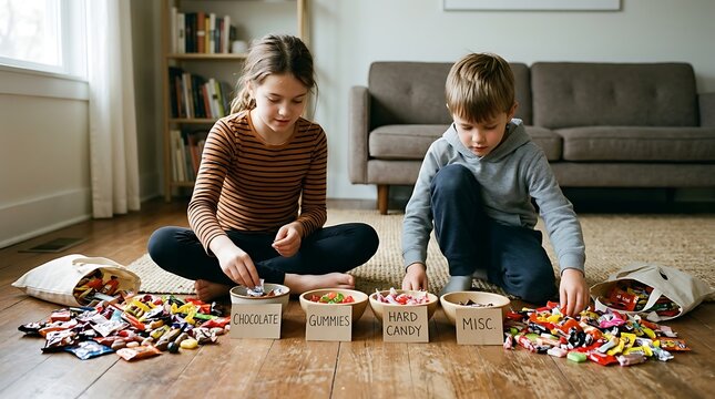 Two young siblings sitting on the living room floor sorting piles of candy into bowls with brother sister sit wooden floor organizing various types candy labeled bowls