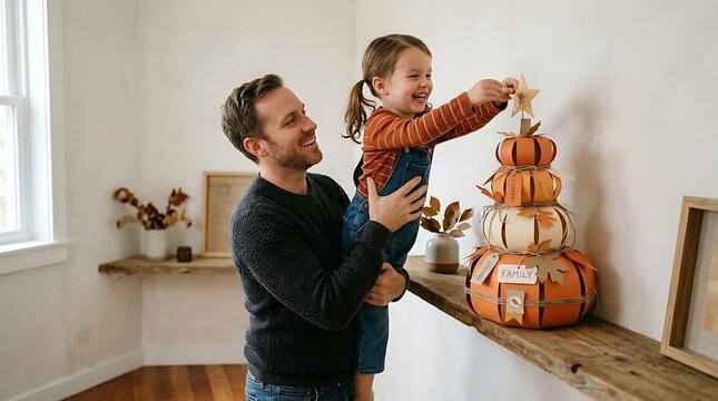 A father lifts his young daughter to place a paper star on a handmade pumpkin craft with man holds his smiling child she decorates stacked paper pumpkin sculpture wooden shelf