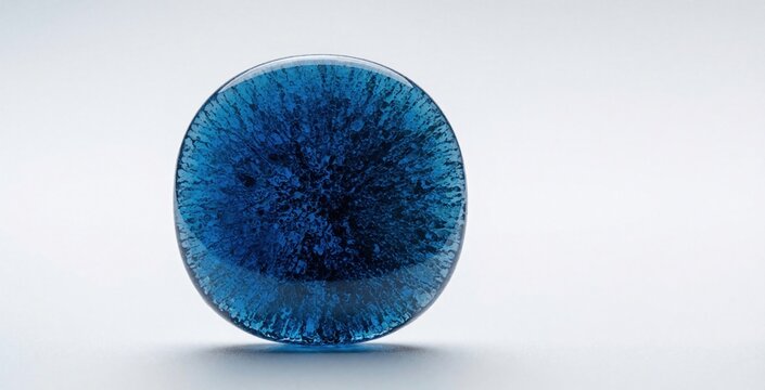 Deep blue rounded glass tile with intricate texture. Minimal centered composition under soft studio light. Abstract design element for backgrounds or conceptual art.