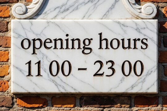 Marble plaque displays business opening hours from 11 AM to 11 PM. Sign is mounted on brick wall near shop entrance for customers. Classic style info.