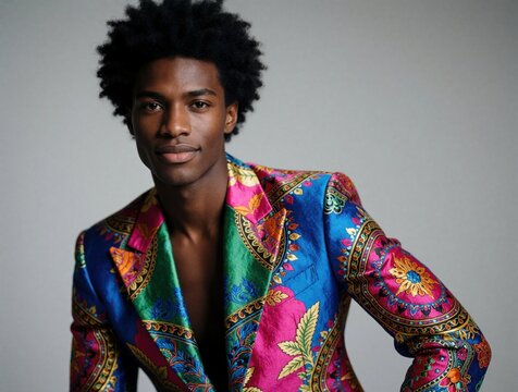 Young man poses in colorful patterned blazer. He has dark skin and afro hair. Model looks forward with confident expression. Studio portrait for fashion.