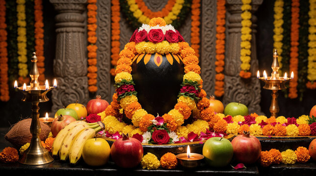 Decorated shivling altar with fruits, flowers, and oil lamps. Sacred Hindu puja offering for devotional rituals and spiritual celebration. Mahadev worship setup for festival.
