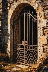 Fototapeta premium Ancient wrought iron gate set in stone archway. Ornate metalwork guards hidden path, entrance to old manor or castle grounds. Autumn leaves scattered around entryway.