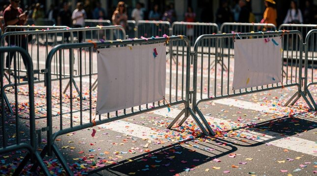 Metal barriers line a street strewn with colorful confetti after a parade or street celebration. Blank signs hang on the crowd control fencing, suggesting an empty street scene.