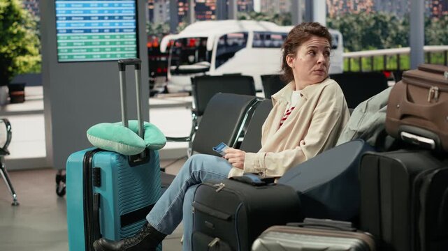 Female passenger holds a ticket beside stacked bags in a bus terminal while thinking about her next decision, looking unsure before a long trip away from home.