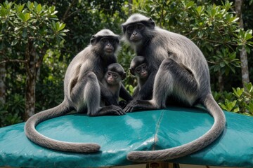 Naklejka premium Silvery langur family with babies sit together on green surface. Parents protect young primates in natural jungle habitat. Monkey troop shows social bond and care.