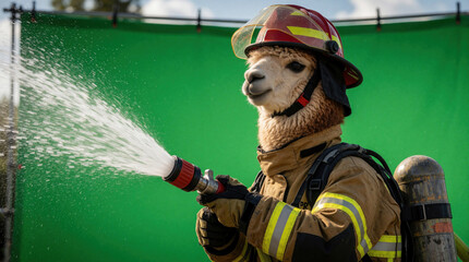 Naklejka premium Funny alpaca dressed as firefighter in protective uniform, helmet. Animal holds water hose spraying liquid on green screen background. Creative concept of brave llama worker performing emergency