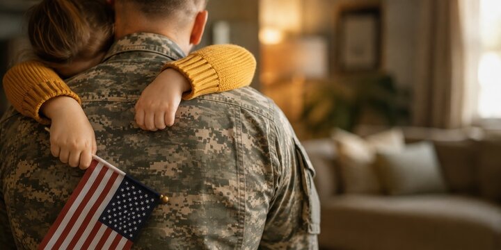 child tightly hugging a soldier in camouflage uniform while holding a small american flag during an emotional homecoming at home