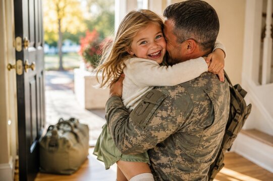 smiling young daughter hugging her military father arriving home with a duffel bag at the front door
