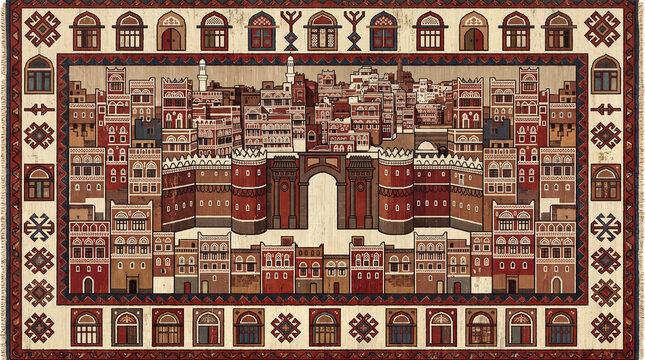 Highly detailed traditional Middle Eastern woven rug depicting an ancient desert city, featuring Yemeni style architecture, mudbrick towers, and geometric borders. Rich brown and red tones.
