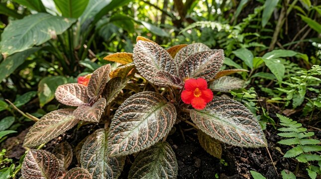 Flaming Violet Plant with Vibrant Crimson Blossom Tropical Garden Foliage Detailed view of a textured copper leaf ornamental plant showcasing rich patterned leaves and a bright scarlet flower in lush