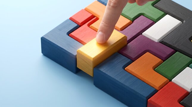 Strategic problem solving concept with finger placing final yellow wooden puzzle block into perfect position