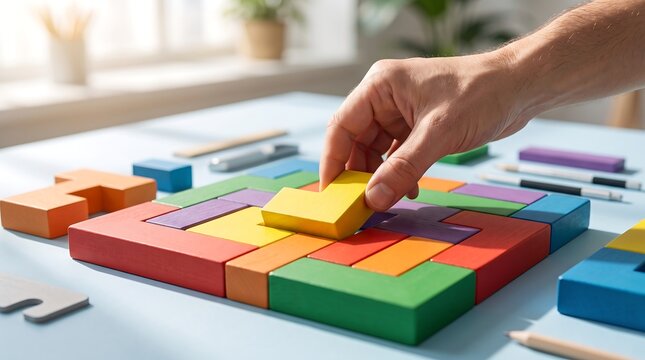 Business integration strategy concept with hand placing final yellow wooden puzzle piece to complete complex challenge