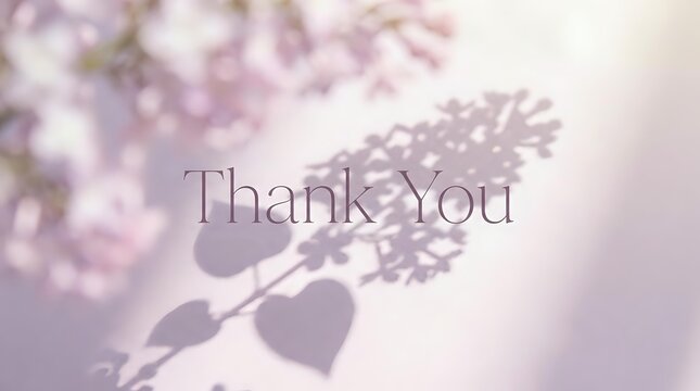 Thank you message with soft pink flowers and heart shadows on blurred
