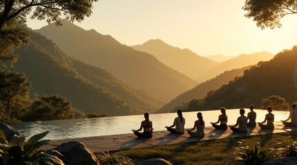 Naklejka premium Simulated iconic AI visual displays wide, serene pool seemingly floating among nature with nesters settled in lotus seated meditation postures along edge of infinity pool, morning sun, warm caressing