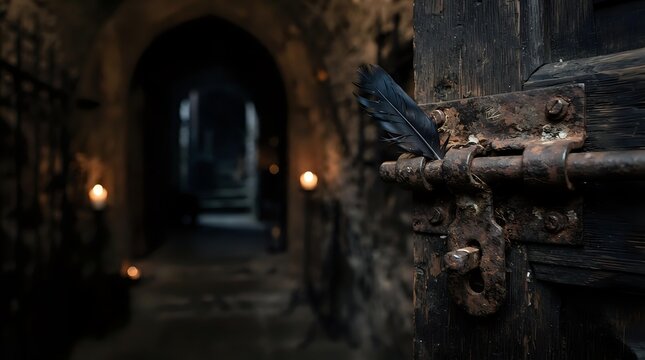 Ornate metal hinge on weathered wooden door with blurred medieval