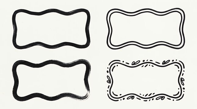 Set of wavy rectangular frames featuring hand drawn rough textured doodle elements in a bold organic black design with subtle grain effects suitable for branding posters and packaging frame border