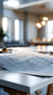 Architectural blueprint on a table in a modern bright office with warm lighting and blurred background of work tools and windows