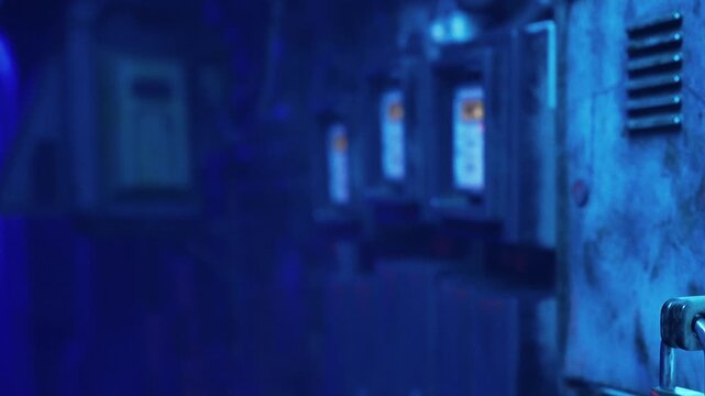 Several old electric meters are visible on a wall in a dimly lit room. Blue light creates a unique atmosphere in the space. This scene takes place at night.