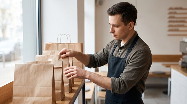 Food expeditor organizing paper delivery bags, commercial ghost kitchen pickup shelf, virtual restaurant order fulfillment, vertical lifestyle portrait, meal staging