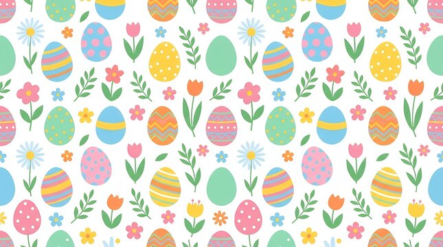 Colorful Seamless Easter Egg And Spring Floral Pattern On White Background In Flat Minimalist Design For Fabric And Wrapping easter egg flower floral seamless pattern white background flat design