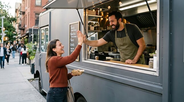 A woman high fives a food truck vendor while standing on a city sidewalk street with vendor through service fives cheerful male service window gray