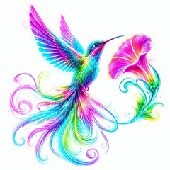 Fototapeta premium Neon Hummingbird Ascending Flight, Tail Feathers Fanned Open