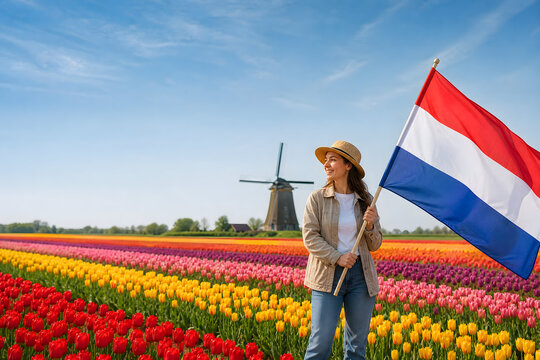 Netherlands tulip field dutch flag waving windmill countryside