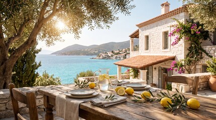 Fototapeta premium Refreshing lemonade pitcher set on a rustic wooden table overlooking the beautiful bright Mediterranean sea landscape