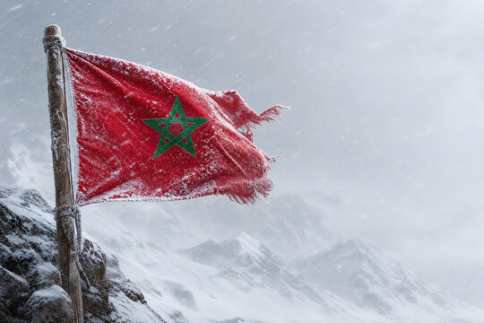 Morocco atlas mountains snowstorm moroccan flag waving blizzard peak