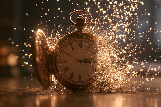 Antique Watch Disintegrating Into Warm Light Dust