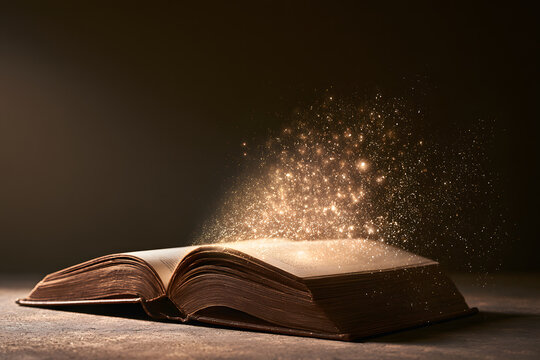Old Book Dissolving Into Surreal Golden Light Particles