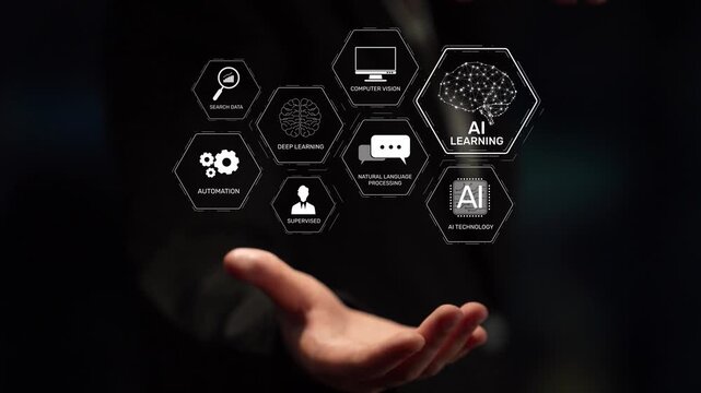 AI learning system involves deep learning, supervised machine learning, and natural language processing. AI learning diagram shows how AI advances learn in automation and data processing. Muxer
