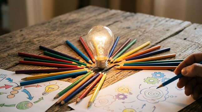 Glowing Light Bulb With Colored Pencils On Wooden Table Brainstorming Creative Business Idea Concept light bulb pencils wooden background wood concept business idea creativity brainstorming solution