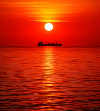 Cargo Ship Silhouette Sailing Across Ocean During Dramatic Red Sunset