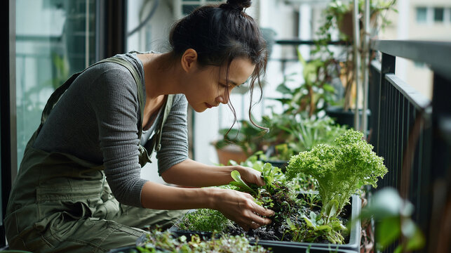 Asian woman planting balcony greens in planter box