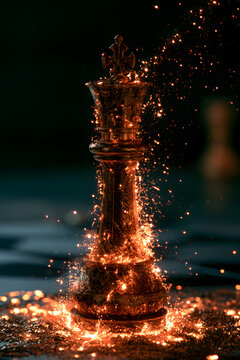 Bronze Chess King Dissolving Into Orange Sparks