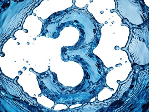 Blue number three formed by dynamic water splashes and droplets. Clean liquid formation creates numeral shape with fluid motion on white background.