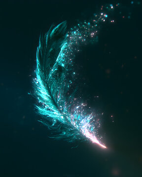 Feather Dissolving Into Teal Bioluminescent Light
