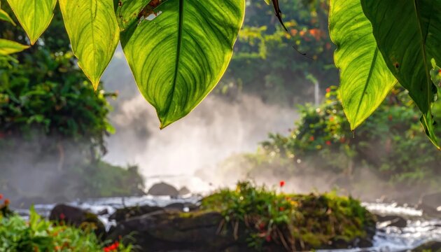 Tropical green leaves over a misty jungle river scene