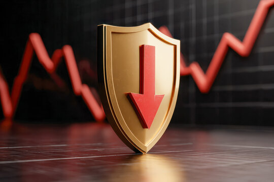 Gold shield with red downward arrow symbolizing financial loss or market decline against blurred fluctuating stock chart background on dark surface