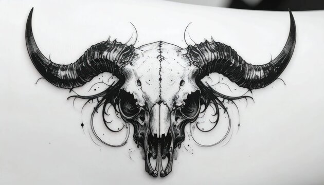 Detailed bull skull tattoo design with decorative horns