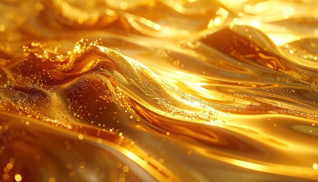 Abstract flowing golden liquid waves with sparkling glitter particles