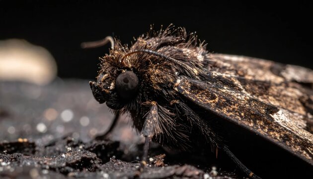 Detailed macro shot of a hairy moth resting on bark