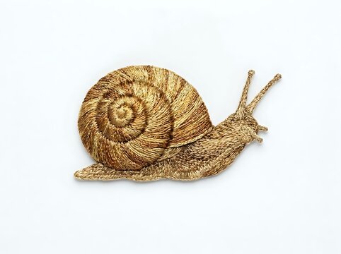 Golden snail with spiral shell and extended tentacles on white