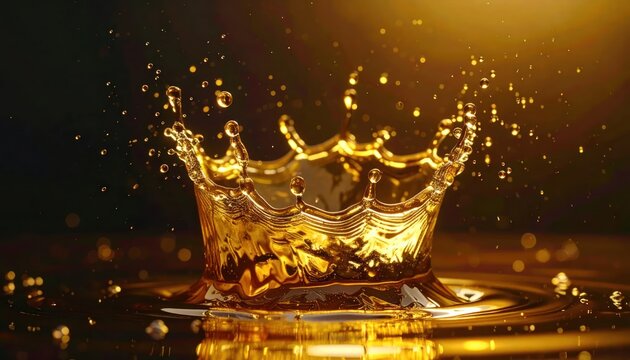 Golden liquid splash forming a crown on dark background