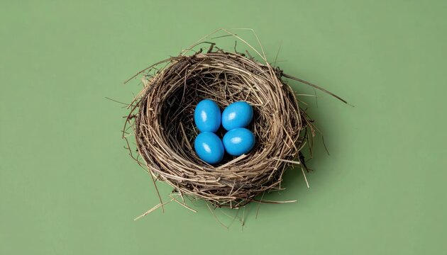 Bird nest with four blue eggs on green background